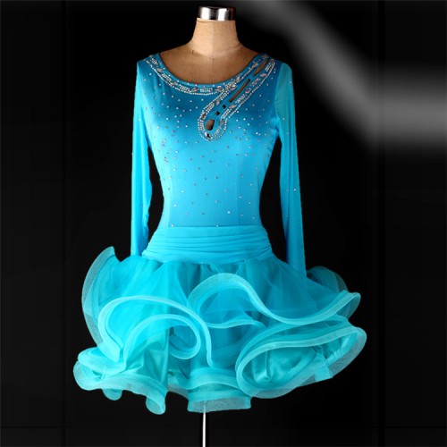 Black red fuchsia patchwork turquoise rhinestones competition long sleeves performance latin salsa ballroom dance dresses